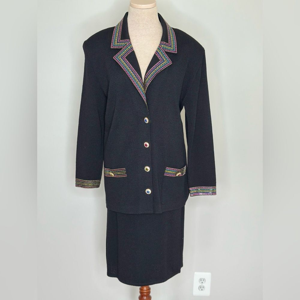 St. John Women's Black Santana Knit With Sequined Collar & Cuff Jacket Suit Set